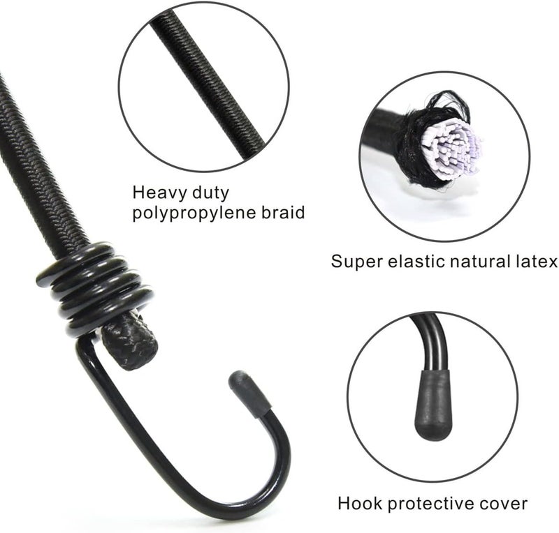 BEXSLE Bungee Cords with Hooks, Heavy Duty Outdoor Elastic Bungee Straps，No Odour Industrial Grade Bungee Rope for Securing Tarps, Luggage, Tents, Bikes or Garden Tidying 48inch 4Pcs (Black) - Image 3